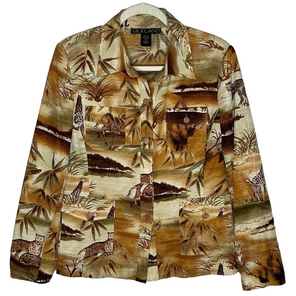 Silkland Safari Print Button Down Long Sleeve Silk Top - Picture 1 of 14